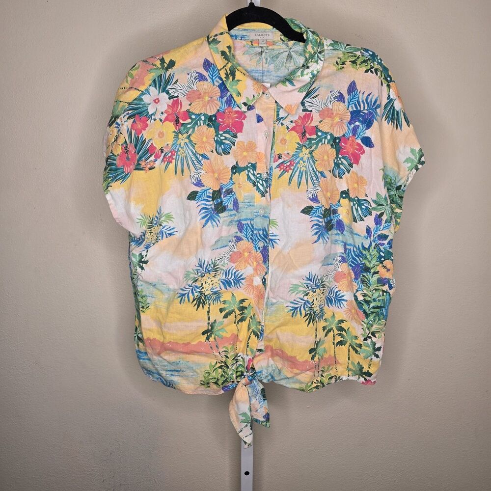 NWT Talbots Size M Linen Blend Tie Hem Button Front Tropical Top